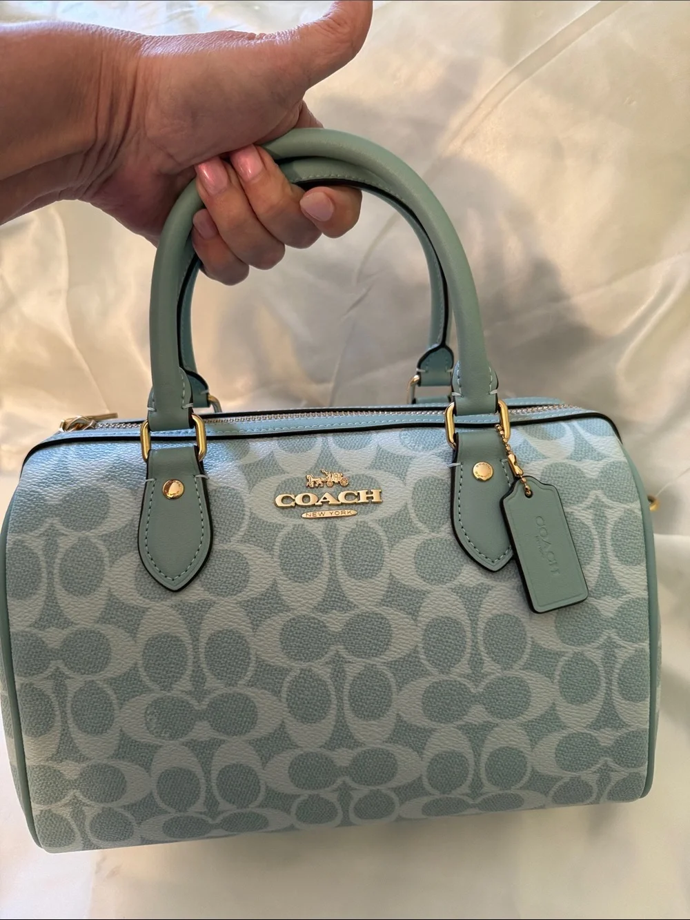 🩵Coach NWT Light Blue Signature C Canvas Rowan Satchel with Gold Hardware